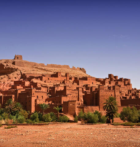 An old castle and palm trees in Morocco. Big South Kasbahs Morocco holidays package.