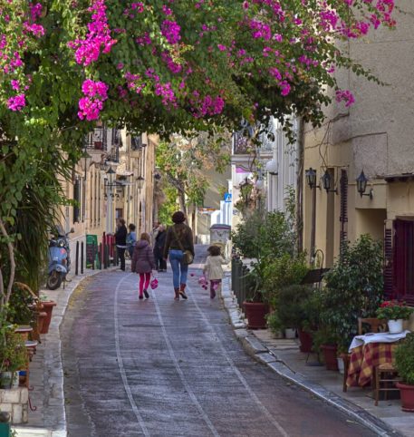 An alley in Anafiotika, a region of Plaka, one of the most popular destinations in Athens.